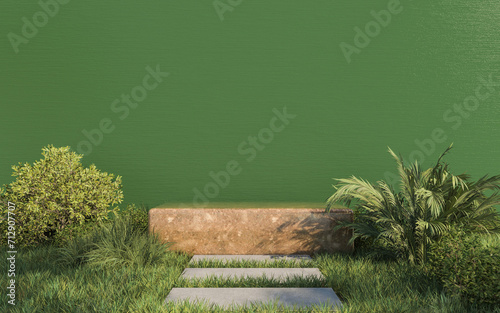 podium stage with plants on green wall background. 3d rendering