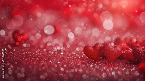 A festive close-up of vibrant red hearts with a glittery texture against a bokeh background for love and valentine’s day celebrations.