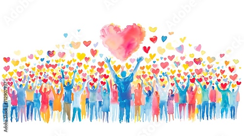 Group of multicultural people with arms and hands raised towards a hand painted blue heart. Charity donation, volunteer work, support and assistance, multiethnic community. Peace on earth.