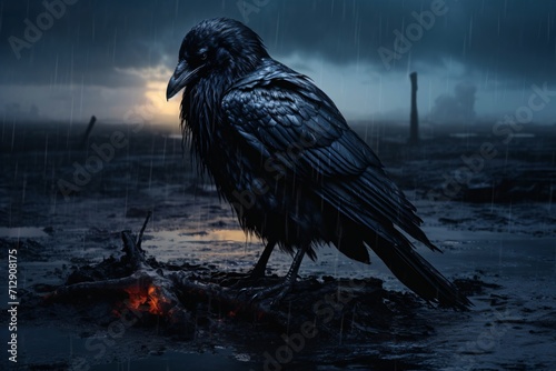 A dark and scary image of a crow or raven in an open field