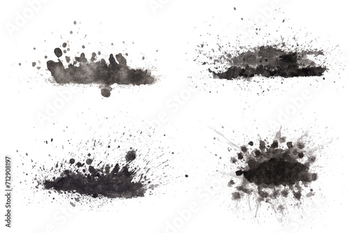Ink drips and splatters on water-stained spots on white background photo