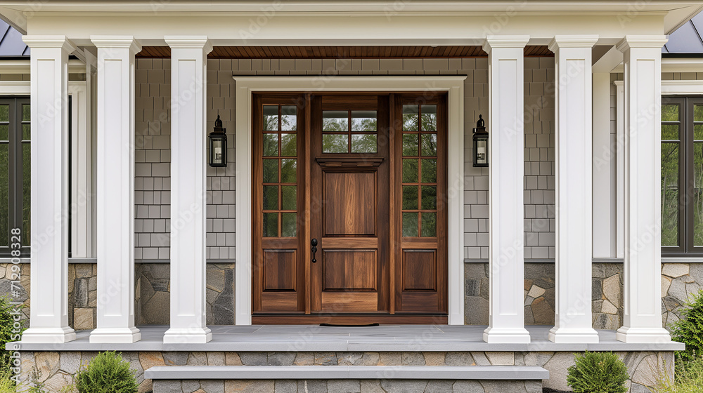 Main entrance door in house. Wooden front door with gabled porch and landing. Exterior of georgian style home cottage with white columns and stone cladding Main entrance door in house. Wooden front door with gabled porch and landing. Exterior of georgian style home cottage with white columns and stone cladding