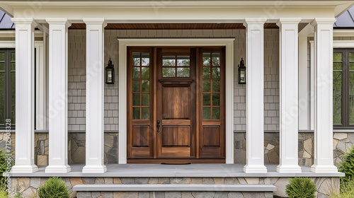 Main entrance door in house. Wooden front door with gabled porch and landing. Exterior of georgian style home cottage with white columns and stone cladding