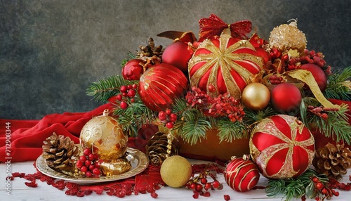 christmas decoration on a table, Luxurious Red and Gold Ornaments in a Festive Arrangement