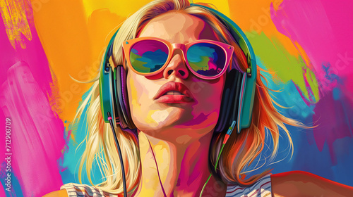 Pop art retro style pretty blonde young woman wearing headphones and sunglasses on vibrant colorful background