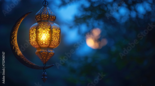 Hanging Golden Lantern from an Ornate Crescent Moon Background