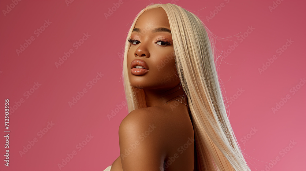 Blonde Long Hair, Black Woman Portrait, Pink Hue, Straight Hairstyle, Neutral Makeup Look, Glossy Lips, Beauty Close-Up, Elegant Features, Model Posing, Fashion Photography, Hair Highlights Blonde Long Hair, Black Woman Portrait, Pink Hue, Straight Hairstyle, Neutral Makeup Look, Glossy Lips, Beauty Close-Up, Elegant Features, Model Posing, Fashion Photography, Hair Highlights