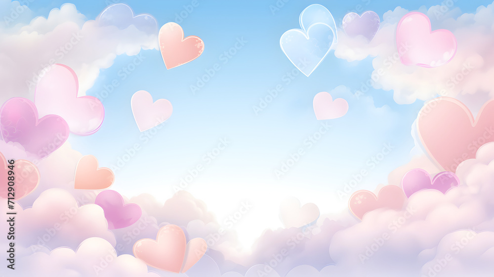 water color blue sky with clouds and heart shapes