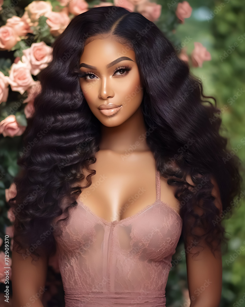 Portrait of a Black Woman with Voluminous Wig, Glamorous Makeup, and Pink Lace Dress in a Romantic Rose Garden – Beauty and Wig Photography Portrait of a Black Woman with Voluminous Wig, Glamorous Makeup, and Pink Lace Dress in a Romantic Rose Garden – Beauty and Wig Photography