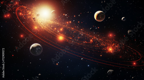 3d illustration space distant stars bright sun all planets of the Solar system with orbits