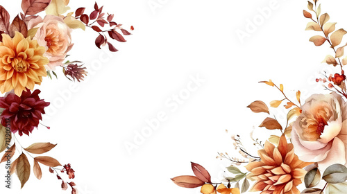 Autumn floral corner border Fall frame  banner  background. Watercolor illustration. Rustic wedding  