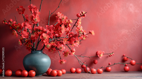 Elegant traditional vases beside blooming branches against a rich red textured background, embodying classical beauty. Background image for Chinese New Year celebrations Concept.