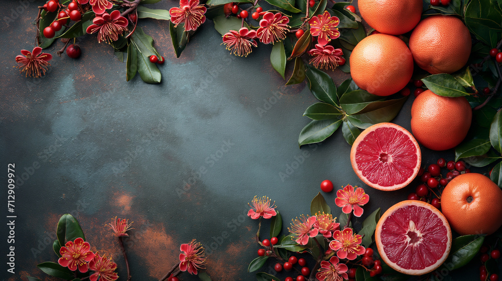 Artfully arranged oranges with intricate patterns, accompanied by vibrant plum blossoms on a textured red background. Image for Chinese New Year celebrations Concept.