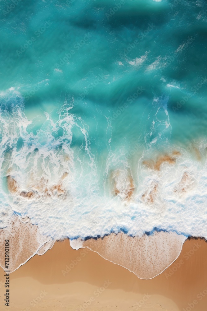 Aerial shot of a tropical beach with waves crashing on sandy shore Aerial shot of a tropical beach with waves crashing on sandy shore