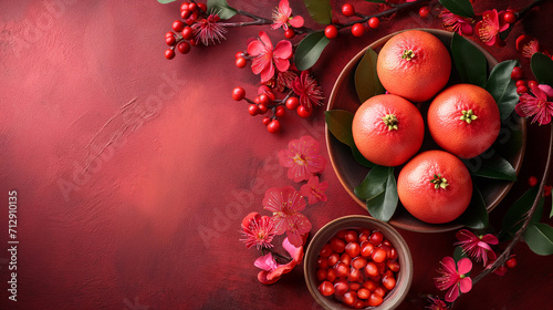 Artfully arranged oranges with intricate patterns, accompanied by vibrant plum blossoms on a textured red background. Image for Chinese New Year celebrations Concept.