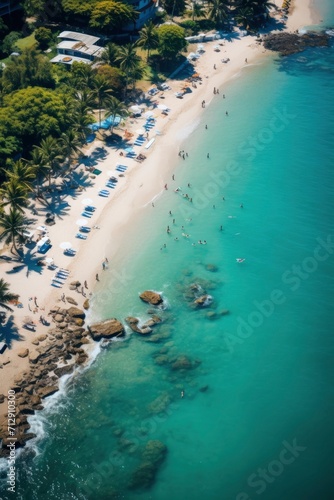 Aerial shot of a tropical beach with waves crashing on sandy shore © talkative.studio