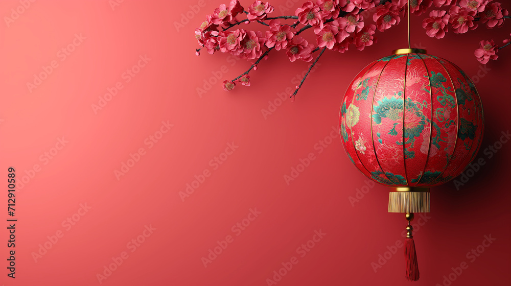 Several lanterns hanging from a cherry blossom tree with red flowers. Background image for Chinese New Year celebrations.