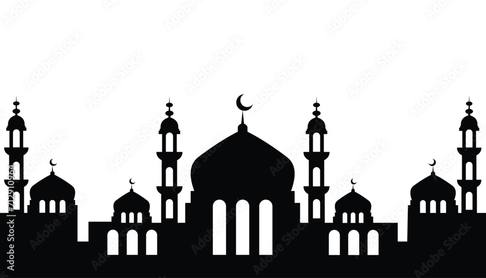 Silhouette Mosque flat Vector illustration isolated on white background. Islamic mosque buildings in silhouette for background design, Banner design, and Ramadhan background.