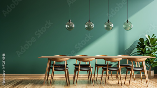 Wooden dining table and chairs against green wall. Scandinavian, mid-century home interior design of modern dining room