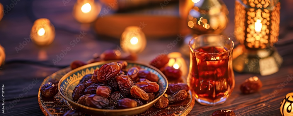 Ramadan Kareem greeting card. Ramadan Kareem lanterns and dates fruit - obrazy, fototapety, plakaty 