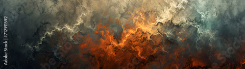 An abstract painting of fiery amber hues ignites the sky, capturing the untamed beauty of nature in its blazing artistry