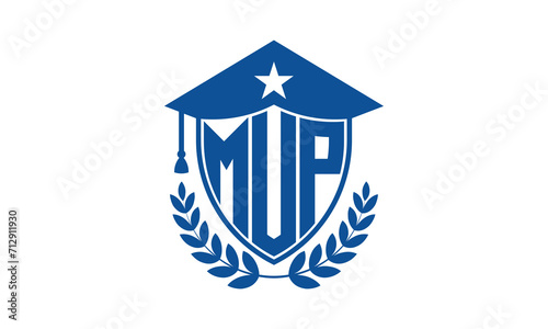 MUP three letter iconic academic logo design vector template. monogram, abstract, school, college, university, graduation cap symbol logo, shield, model, institute, educational, coaching canter, tech
