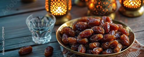 Ramadan Kareem greeting card. Ramadan Kareem lanterns and dates fruit