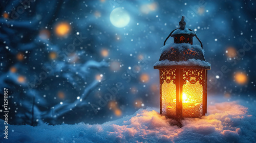 Radiant Lantern in a Winter Night Illuminated by the Moon Background