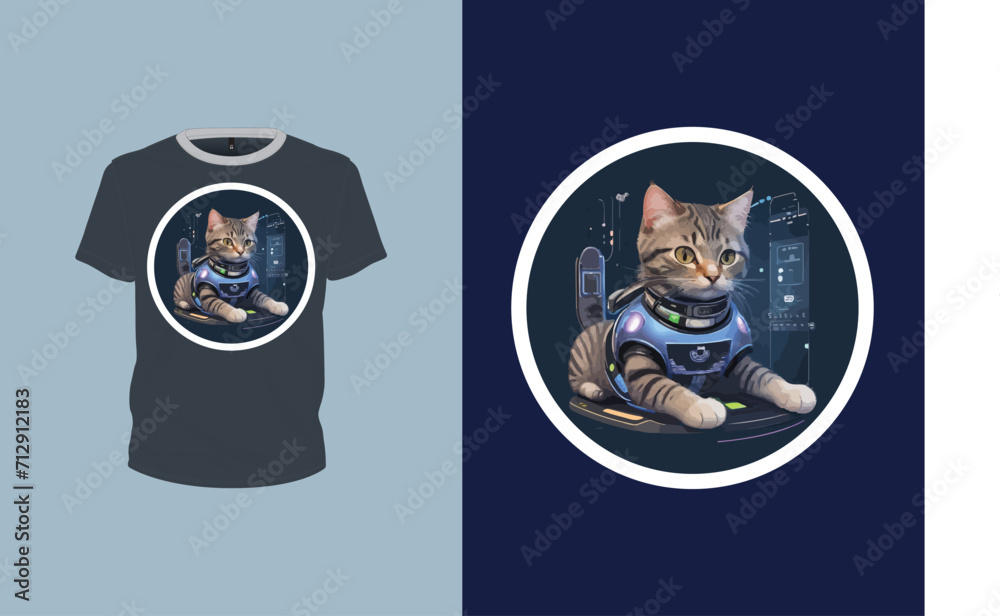 technology cat illustration in a city for t-shirt design, animal art, print ready vector file