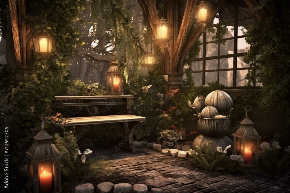 Stunning garden set with cozy elements, candles & nature. Generative AI
