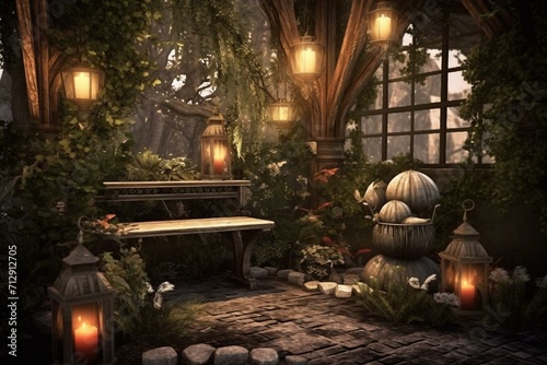 Stunning garden set with cozy elements  candles   nature. Generative AI