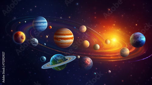 colorful solar system with nine planets and satellite