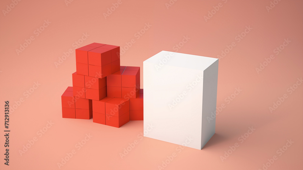 Obraz premium Abstract Balance: Red Cubes and White Block on a Peach Background 