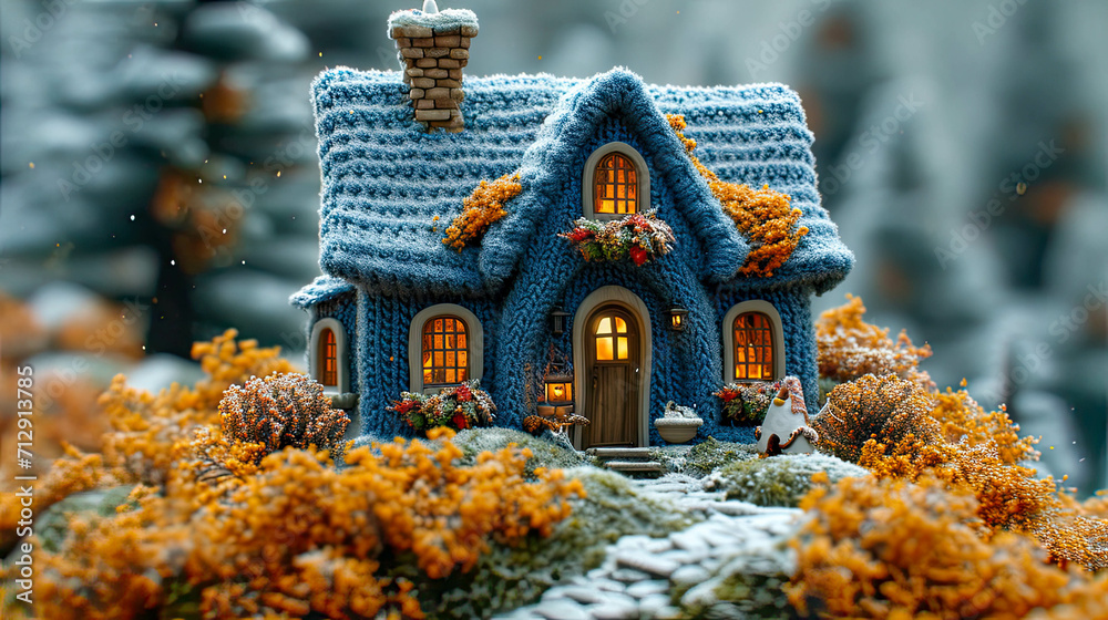 Fairytale house made of wool in the forest. Selective focus - obrazy, fototapety, plakaty 
