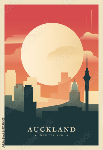 Auckland city brutalism poster with abstract skyline, cityscape retro vector illustration. New Zealand travel front cover, brochure, flyer, leaflet, business presentation template image photo
