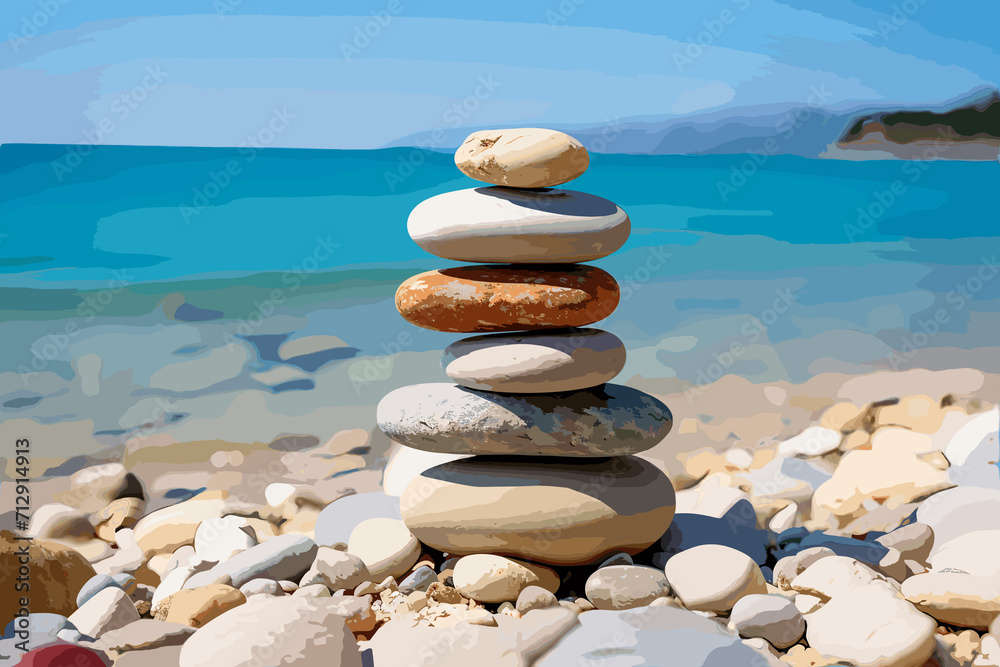 Pyramid of stones zen balance in sea shore on sunny day ,Pyramid of stones on the beach. Pyramid of stones zen balance in sea shore on sunny day ,Pyramid of stones on the beach.