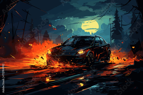 style illustration with car driving into sunset ,Fire car on ice. Brand less sports car. photo