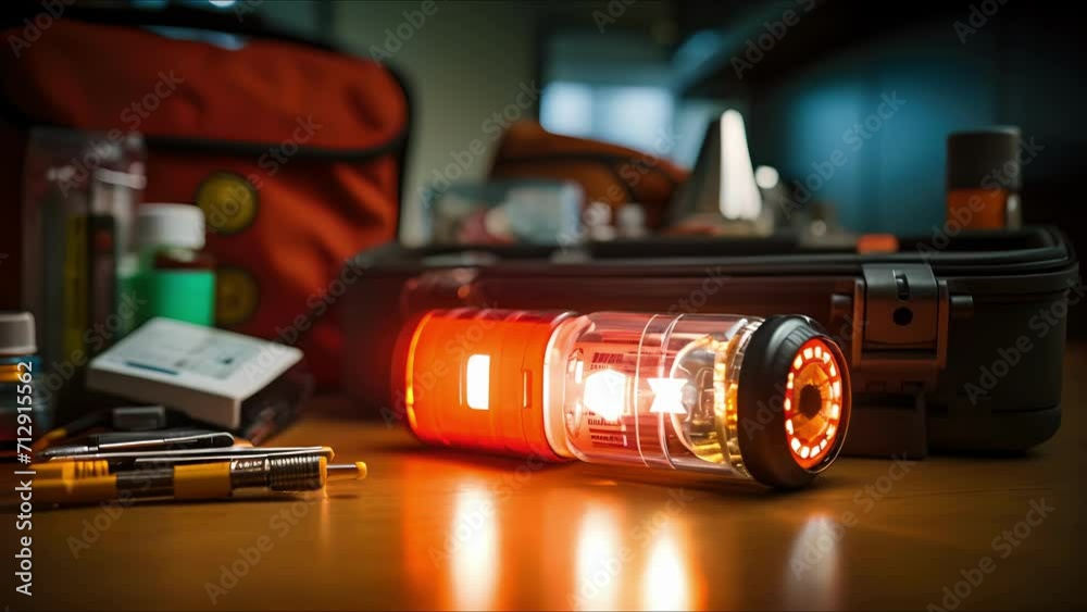 Closeup of a fully stocked emergency preparedness kit with a flashlight, batteries, and a first aid kit.