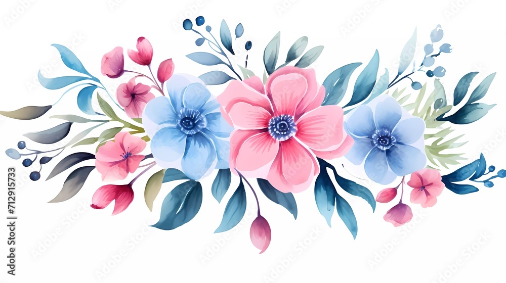 illustration Red and blue flowers, leaves clip art watercolor flowers. generative ai