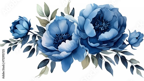 watercolor illustration of dark blue flowers, flower clip art. Bouquet of peonies. generative ai #712915725
