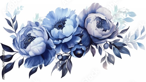 watercolor illustration of dark blue flowers, flower clip art. Bouquet of peonies. generative ai