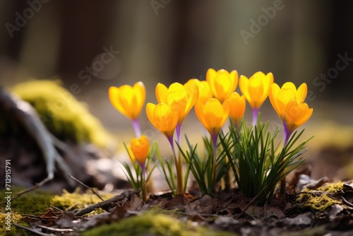 Yellow crocuses in the early spring.