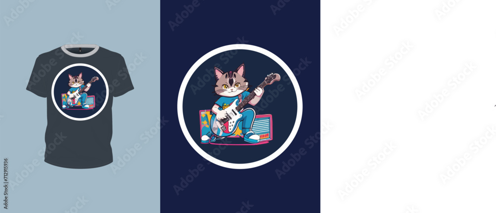 music lover cat illustration with a guitar for t-shirt design, animal art, print ready vector file