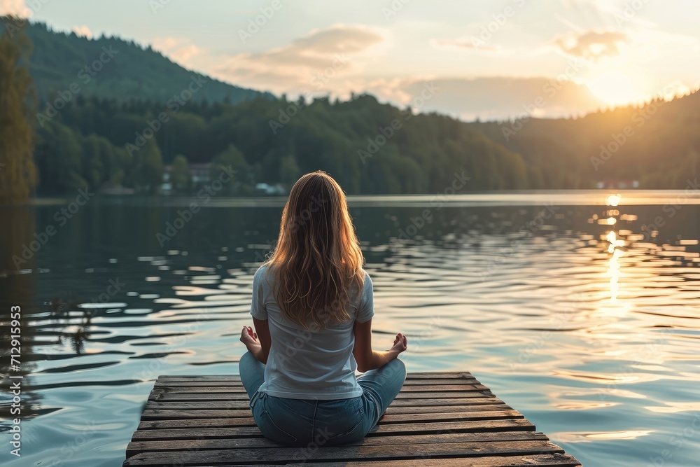 Calm morning meditation by the lake. Young woman outdoors on the pier. Wellbeing and wellness soul concept. Calm morning meditation by the lake. Young woman outdoors on the pier. Wellbeing and wellness soul concept.