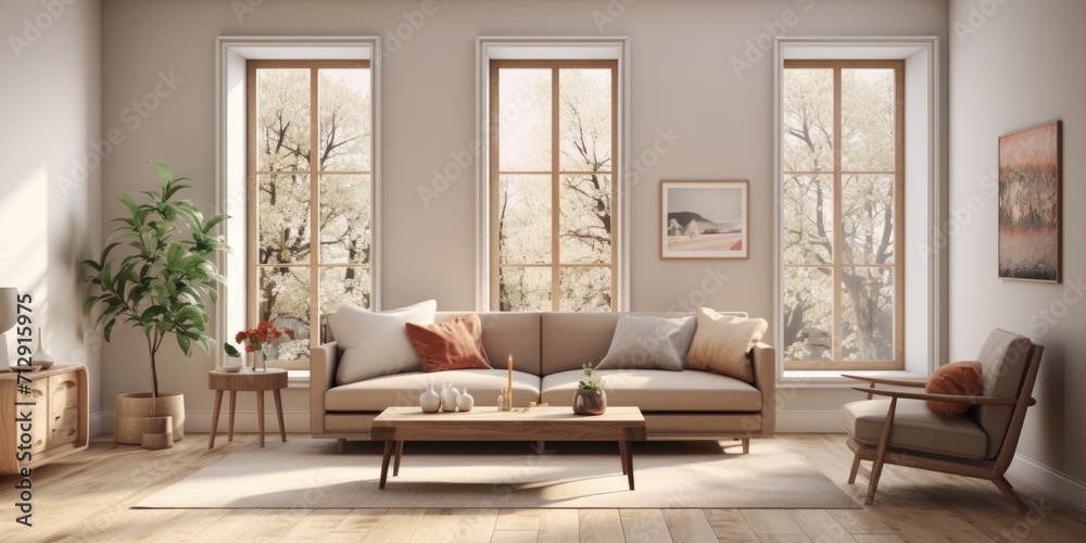 Rendered in , a living room with a cozy sofa and large window showcases diverse interior design. Rendered in , a living room with a cozy sofa and large window showcases diverse interior design.