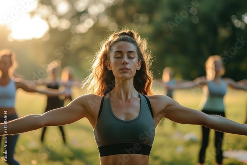 Beautiful fit women doing breath exercise together with outstretched arms.
