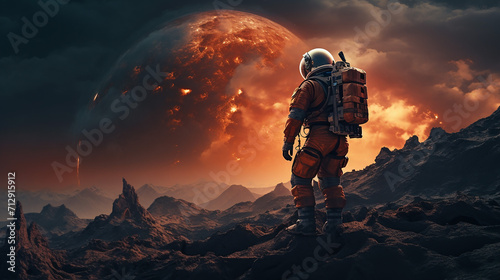 space background with astronaut on the new planet