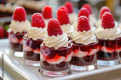 Tray ful of delicious jelly desserts raspberry and chocolate flavors whipped cream berries.