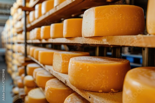 Big cheese wheels at manufacturing closeup. A cheese dairy in a warehouse with cheese.