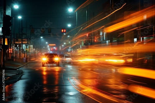 Motion blur of vehicles passing by a traffic light at night. Generative AI